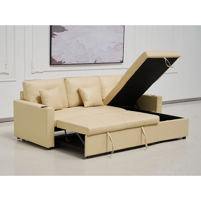 Cream Leather sofa-bed sleeper sofa pull out bed queen corner sofa with pull out bed