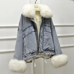 Winter women warm parka real rex rabbit fur lining jean coat with fox fur sleeve cuff black denim jacket