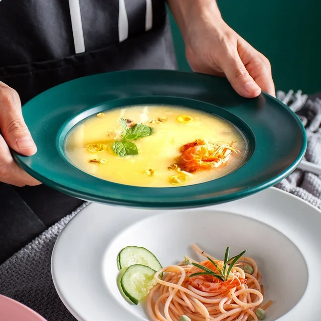 Nordic Style Round Matte Black Pasta Bowl Green Porcelain Straw Hat Salad Bowl White Ceramic Straw Hat Bowl