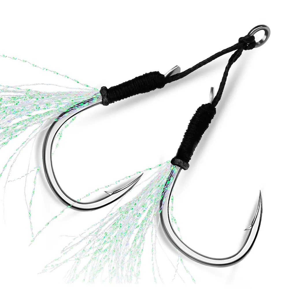 Newbility 5 Pairs Per Bag Good quality Double Fishing Hooks Sturdy Metal with Feather Fixing Auxiliary Lures for Deep Sea