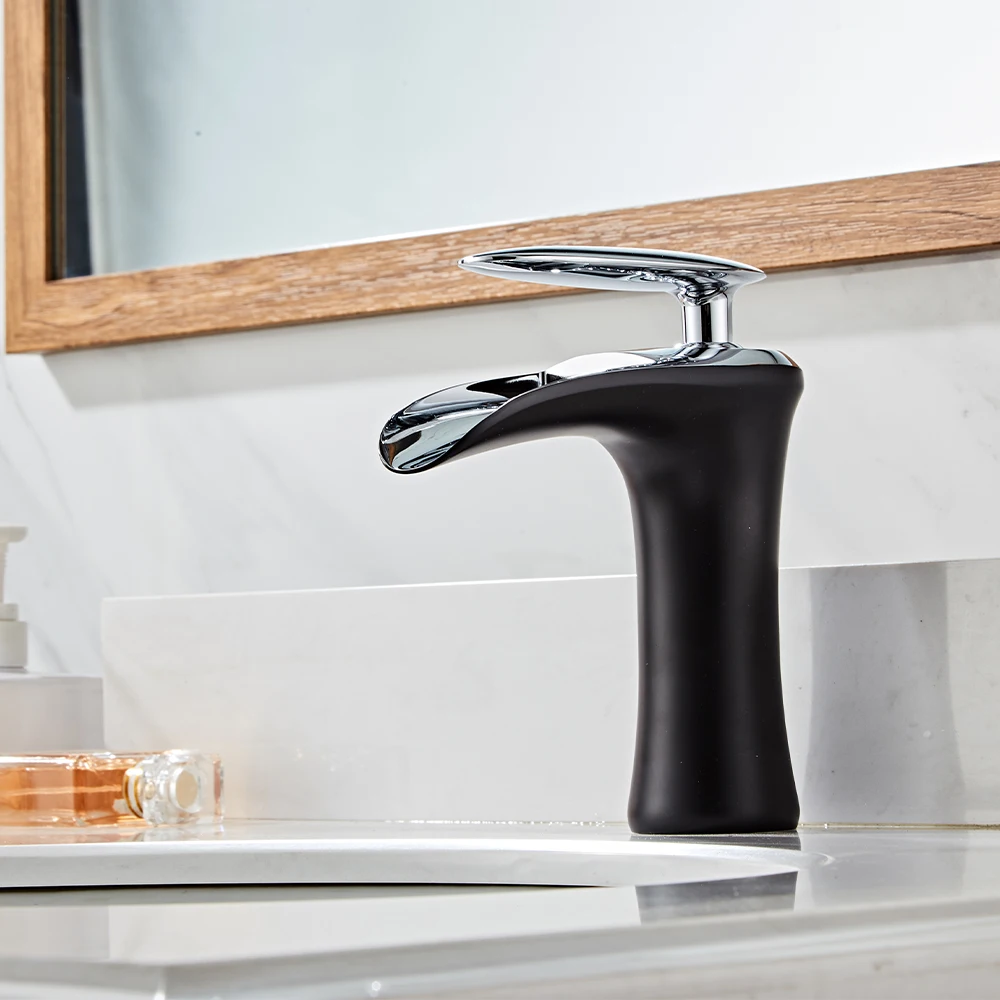 YUNDOOM OEM Brass Wash Washbasin Water Spout Bathroom Deck Mounted Tap Water Mixer Single Handle Black+Chrome Basin Faucet
