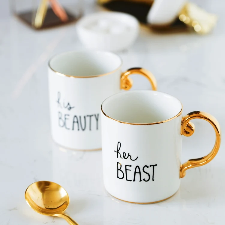 Luxury Gold Handle Ceramic Mugs Wholesale Porcelain Couple Mugs Beauty Beast Mugs Coffee Cups Gold Rimmed