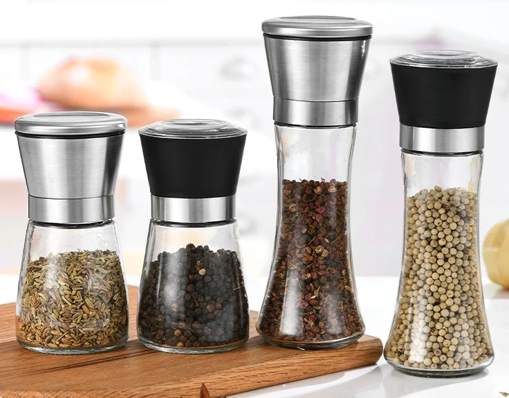 Best Seller 2 in 1 Kitchen Seasoning Adjustable Manual Glass Pepper Mill Spice Chili Salt and Pepper Grinder Set