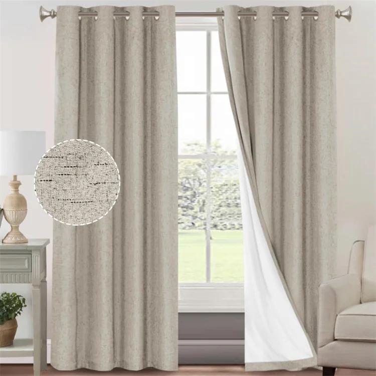 Primitive Textured Linen 100% Blackout Curtains Energy Saving Burlap Fabric White Thermal Insulated Liner Window Curtain Drapes