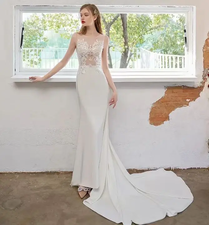 New style wedding dress lace short sleeve high waist 3D three-dimensional flower bride wedding dress