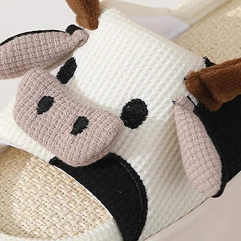 Indoor Home Living Fashion Skin Friendly Platform Slippers Skin Open Toe Linen Cute Plush Cow Slides Slippers for Women and Men