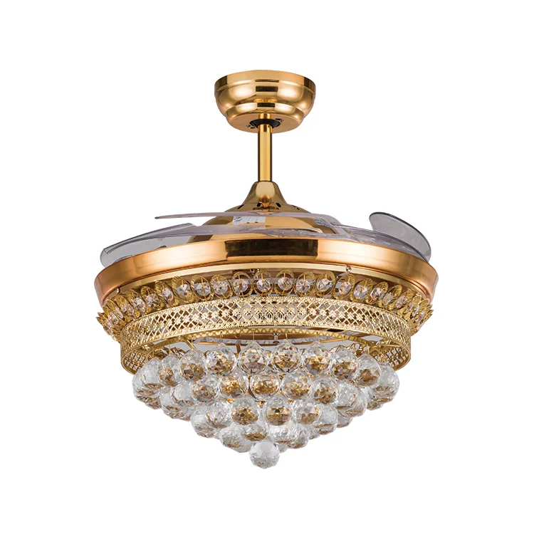 Competitive Price Wholesale Luxury Golden Crystal Ceiling Fan with 42 inch Folding Acrylic Blades