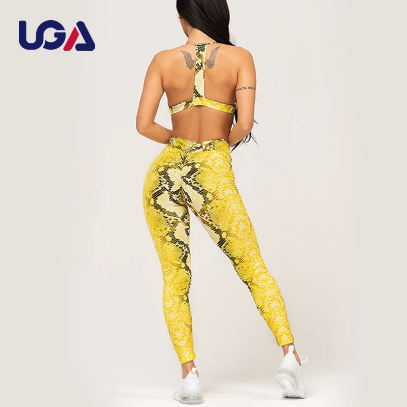 Women Compression Elastic Butt Lift Snake Skin Printed Yoga Wear Set Quick Dry Fitness Leggings Bra Yoga Set