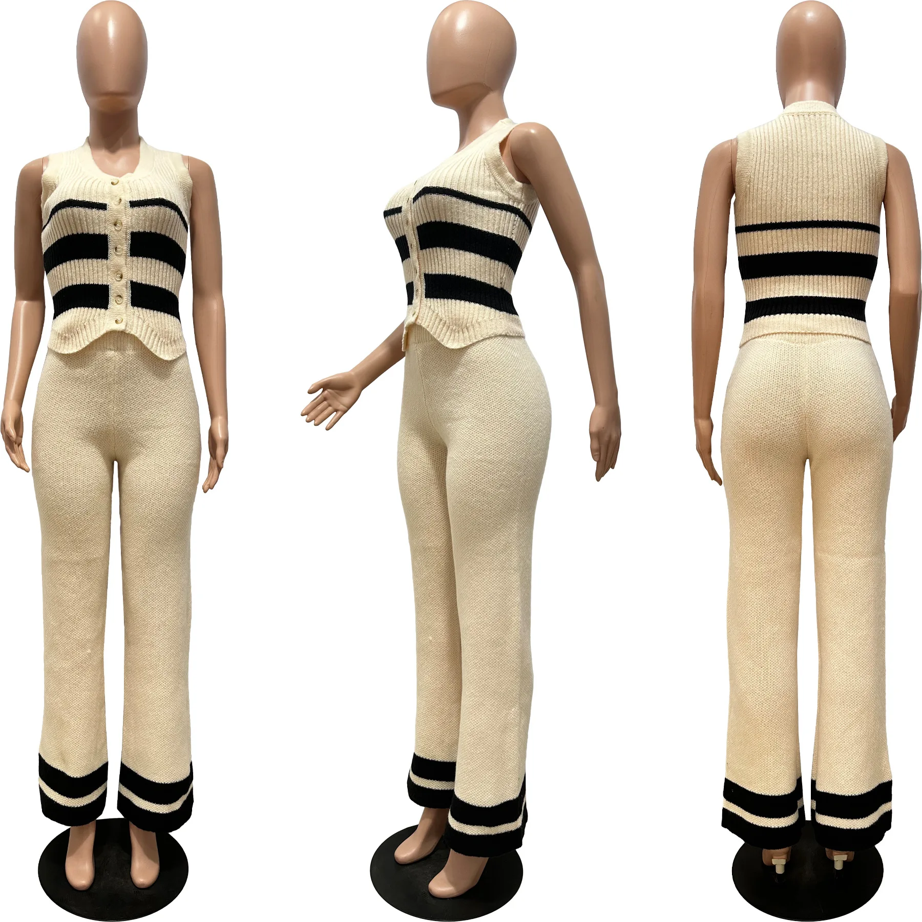 Fall 2024 Women Clothes 2 Pcs Set Thread Sweater Elegant Knit Sets For Women Sleeveless Crop Shirt Flare Sweat Pant Set