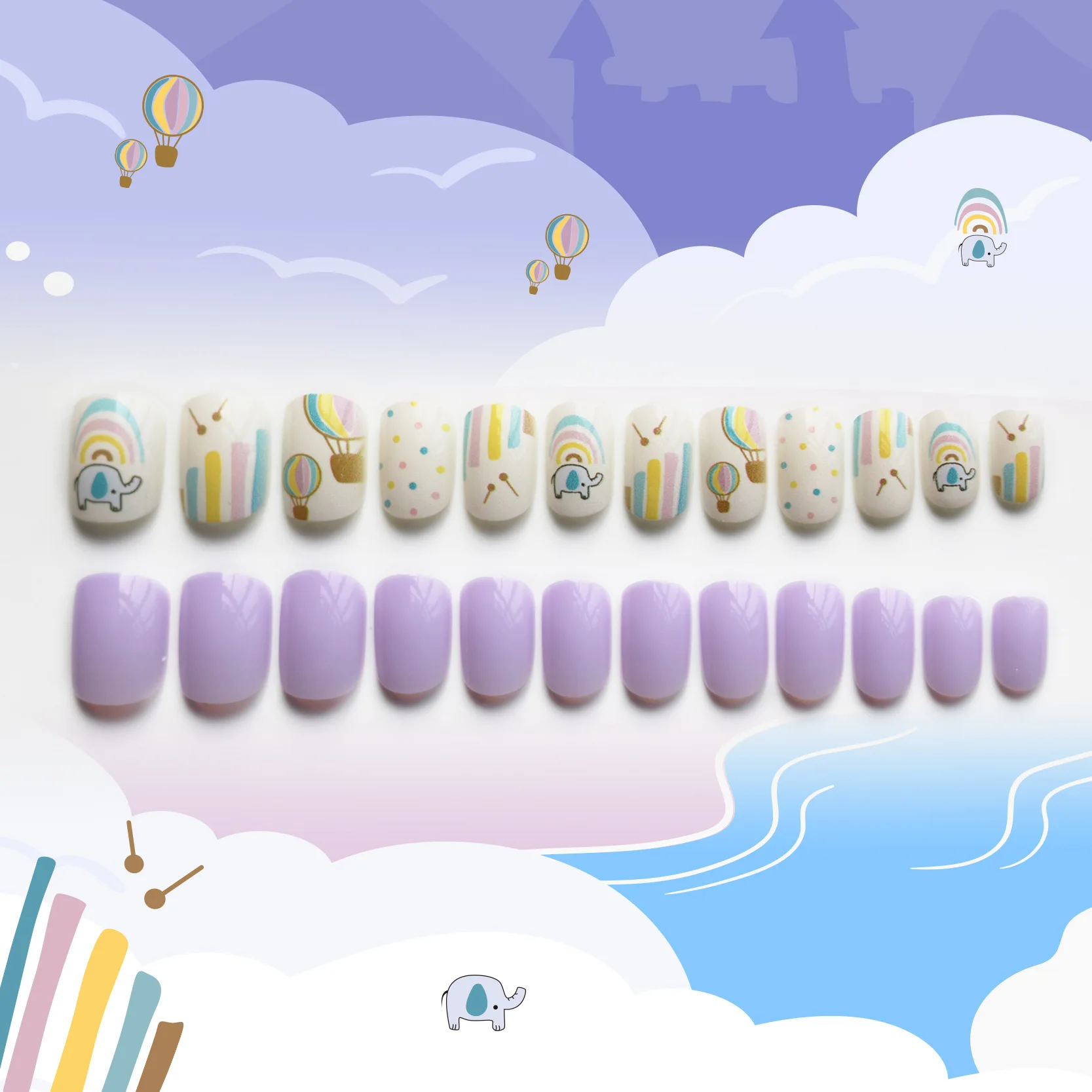 Purple And Anime Print Press On Nail Tips Short Squoval Fake Nail For Kids