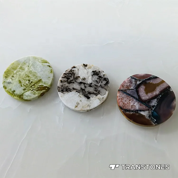 Green Onyx Jade Natural Stone Translucent Lumistone With Built-in Battery Round Coffe Table Top