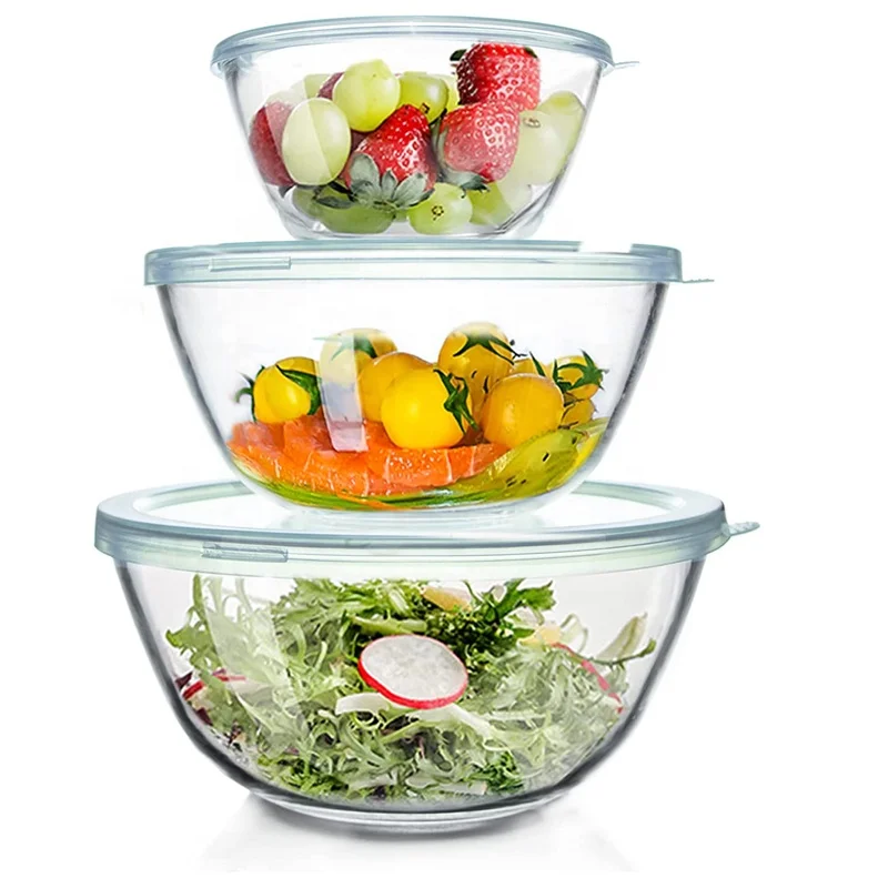 High Borosilicate Glass Mixing Bowl with PP lid,4.5QT 2.7QT 1.1QT Large Kitchen Salad Bowls Space-Saving Nesting Bowl for Baking