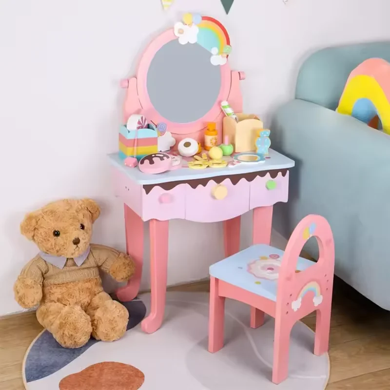 New Arrival Wooden Pink Make up Dressing Table Wooden Pretend Play Kids Make up Toy Set for Girls Kids