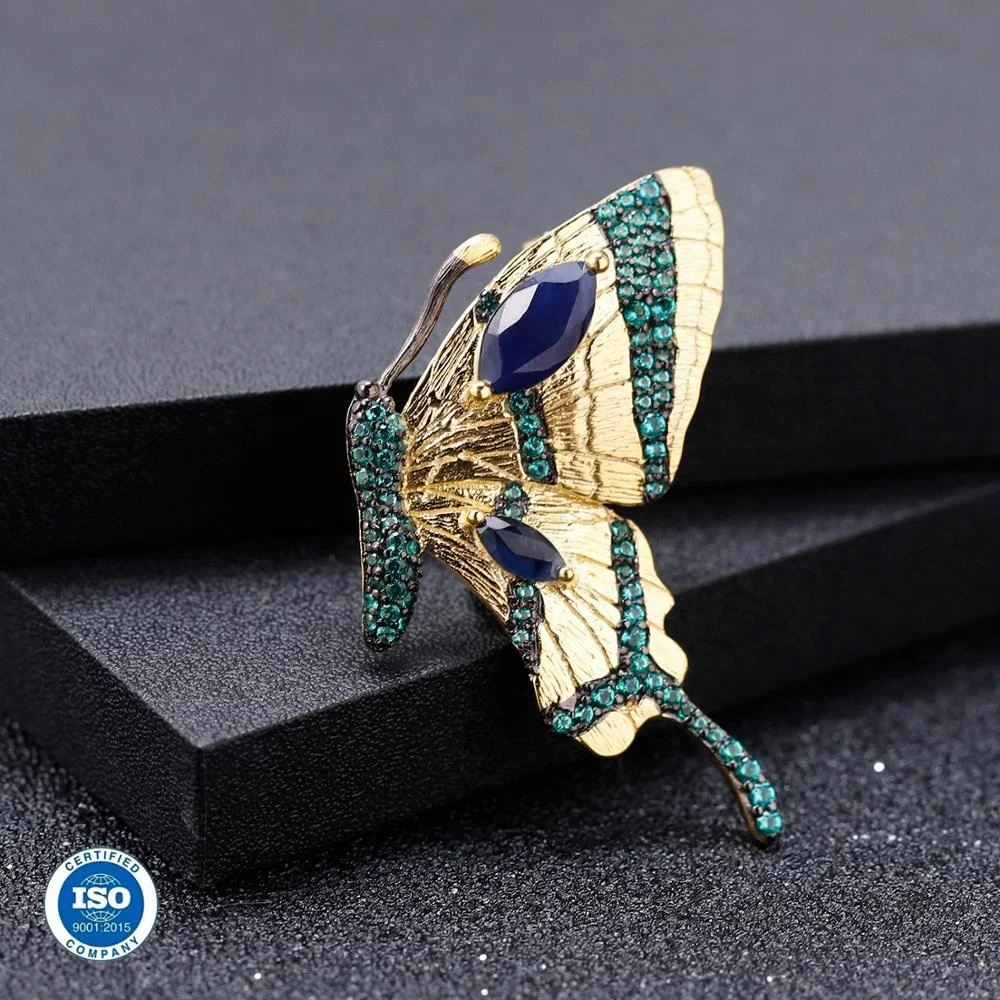 Abiding Natural Blue Sapphire 925 Sterling Silver Multiple Usages Jewellery Handmade Butterfly Pendant Gold Plated Brooch