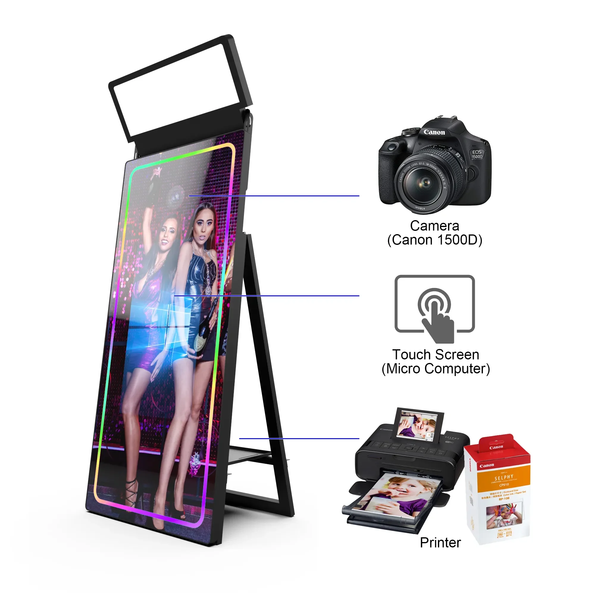 40-Inch Portable Smart Touch Mirror New Foldable LED Light Frame Compatible with Camera Selfie and Photo Booth