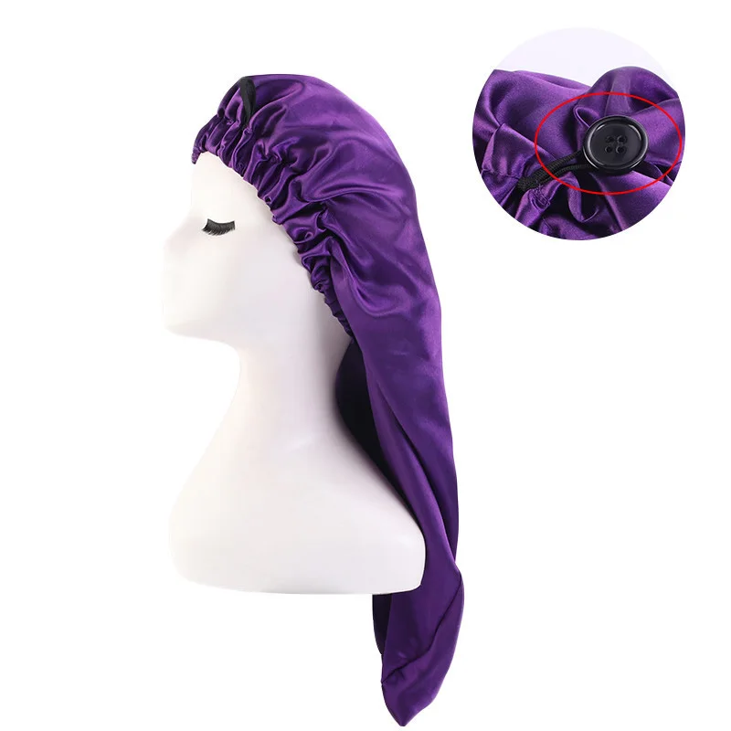 HZO-18159 satin luxury custom women long bonnets for braids shower cap with button