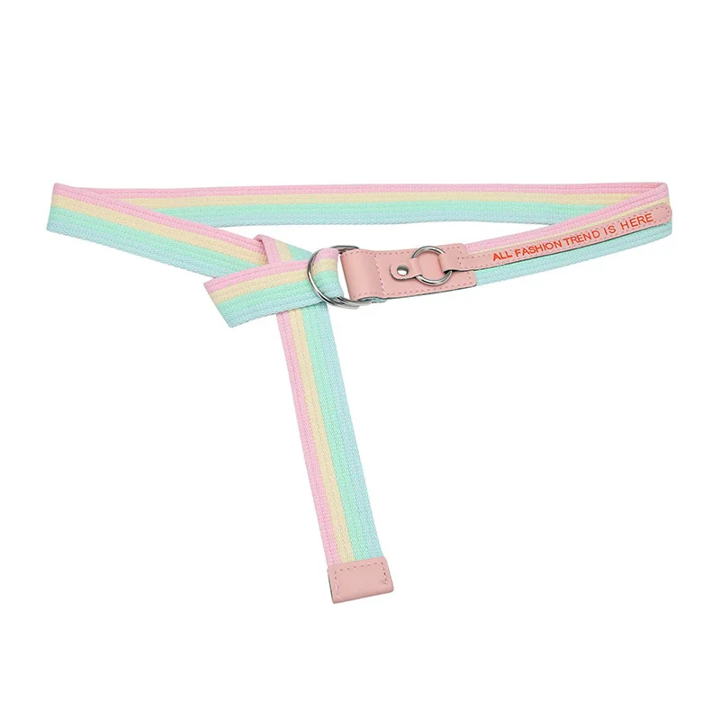 Double D Ring Buckle Letter Logo Printed  Cotton Fabric Canvas Web Youth Belt Fashionable Leisure Outdoor Student Belt for Kids
