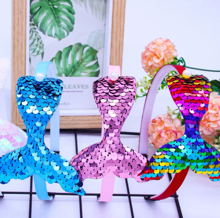Kids Party Sequined Hair Accessories Mermaid Tail Flip Fish Scales Pearl Headband Ribbon Cover Plastic Non-slip Head Wear