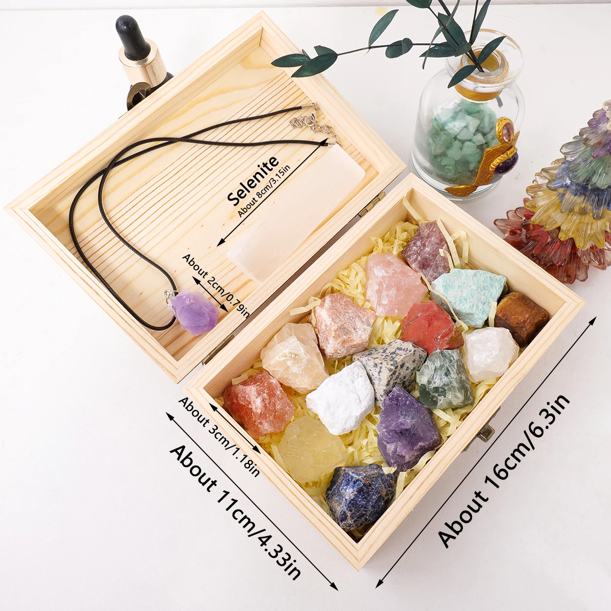 Wholesale crystal raw stone box gift  selenite wand amethyst necklace home decor collection kit for meditation