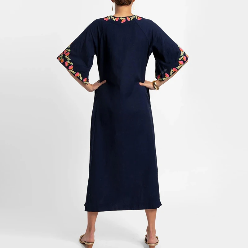 OEM Embroidered Charming  Embroidery Navy maxi dresses Custom  embroidery for women