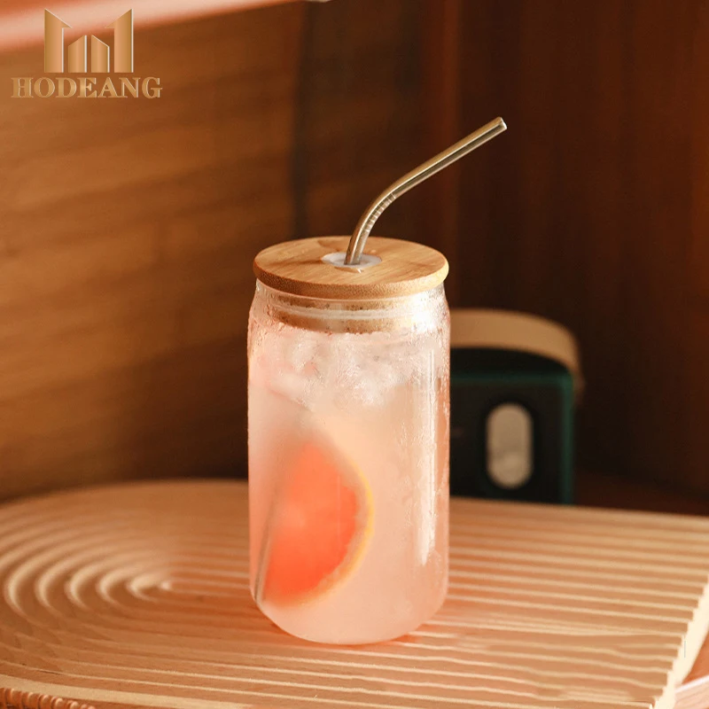 Bamboo lid Glass Coffee Cups Drinking Glasses Beer Can Glass with Straw