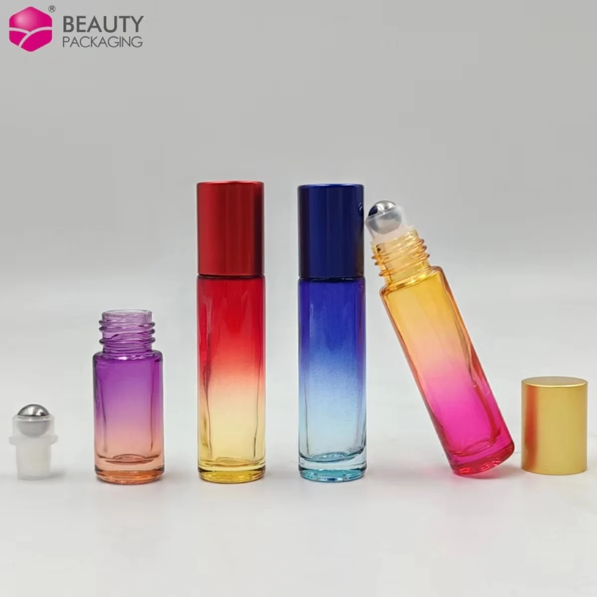 Wholesale glass 5ml 10ml colorful essential oil perfume glass roll on bottle with roller ball and cap