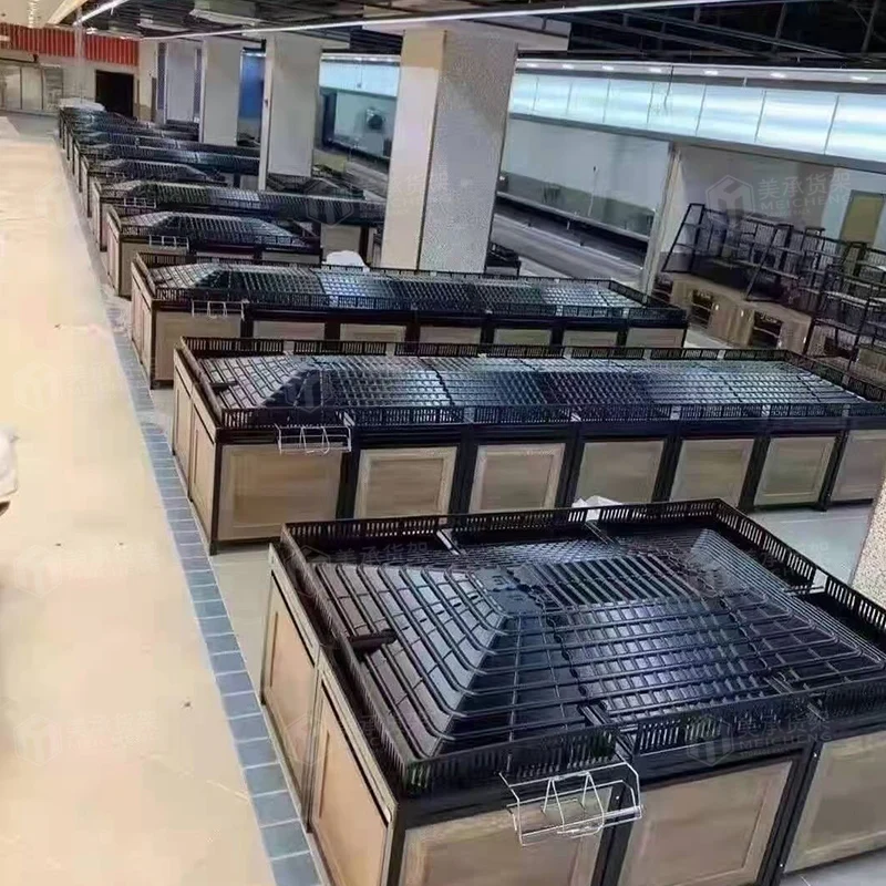 Meicheng Shop Racks Wooden Vegetable Stand Supermarket Steel Wood Fruit Vegetable Display Stand