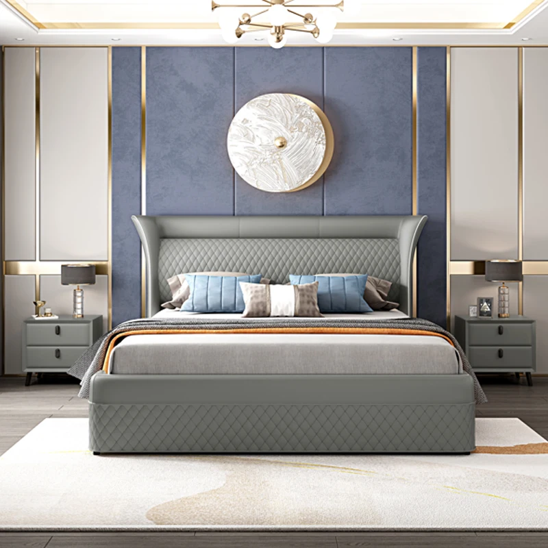 Italy Style Upholstery Stylish Designer Classic Leather Cheap King Size Set Furniture Luxury Bedroom Metal Bed Frame King Size