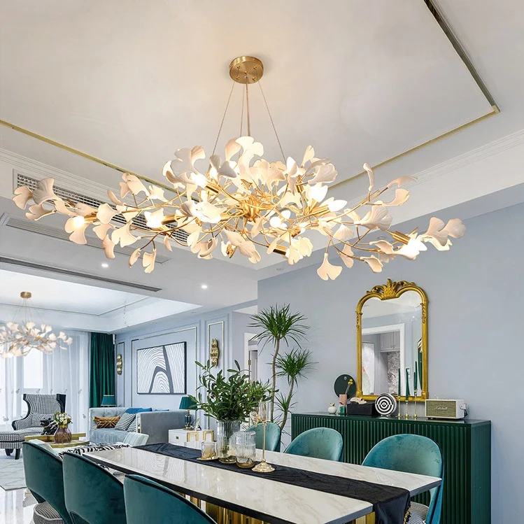 Ceramic Ginkgo Leaf Luxury Chandelier All Copper Oval Dining Room Living Room Lighting Hotel Villa Art Pendent Lamp