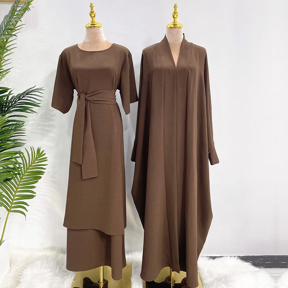 2 piece Muslim Islamic Clothing Suite Ramadan Modest Wear 2 layers Slips Match Open Abaya Crepe Jazz Abaya Set