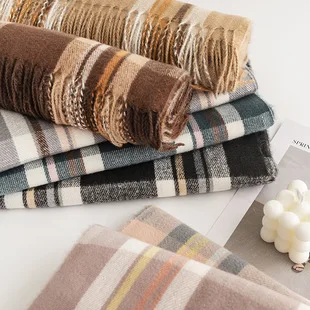 180cm Custom Warm Soft Pashmina Neck Scarves Korea Japan Shawl Blanket Ladies Plaid Tassel Cashmere Winter Scarf for Women