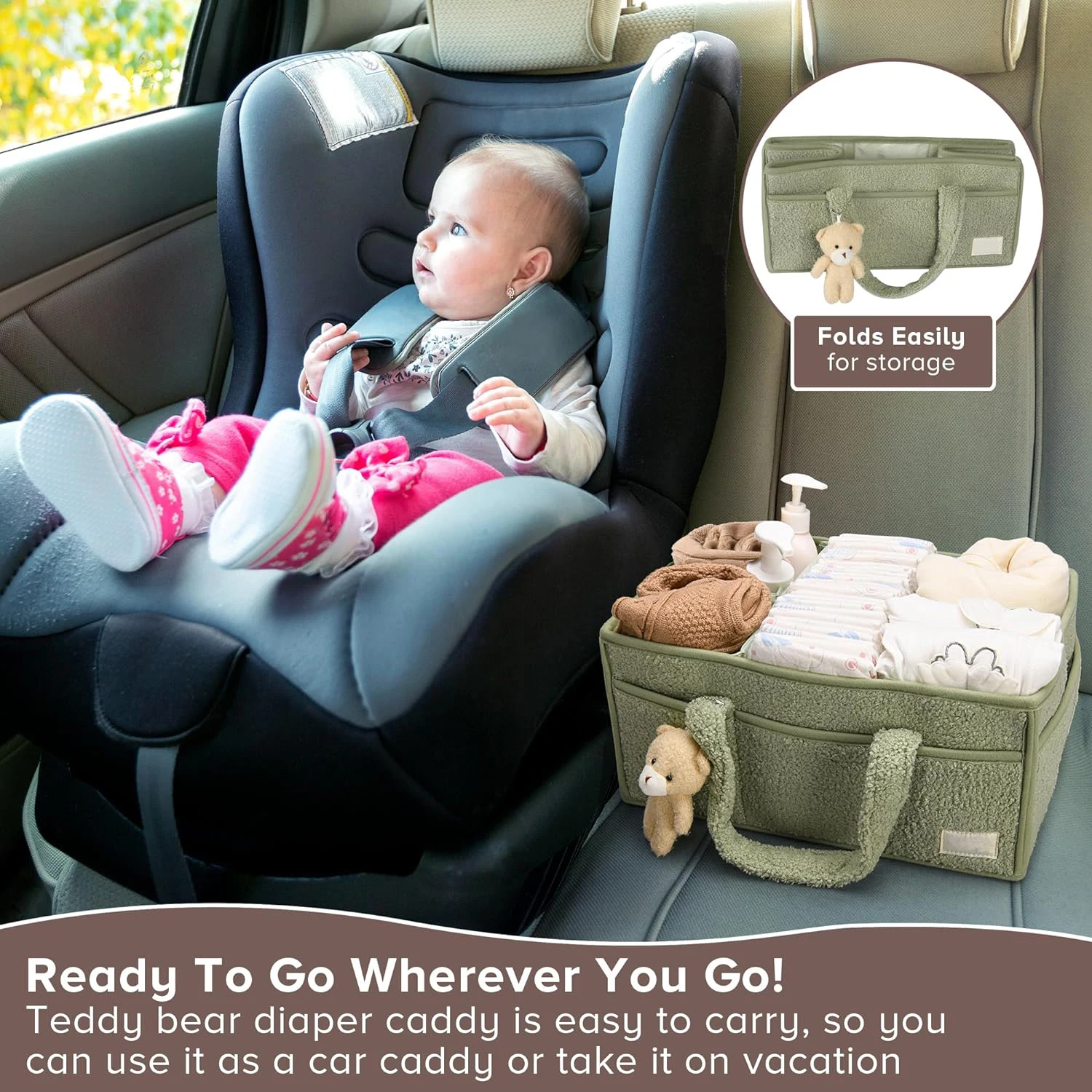 Portable Baby Nursery Diaper Caddy for Changing Table Teddy Car Organizer Storage Bin Basket for Wipes Newborn Essentials