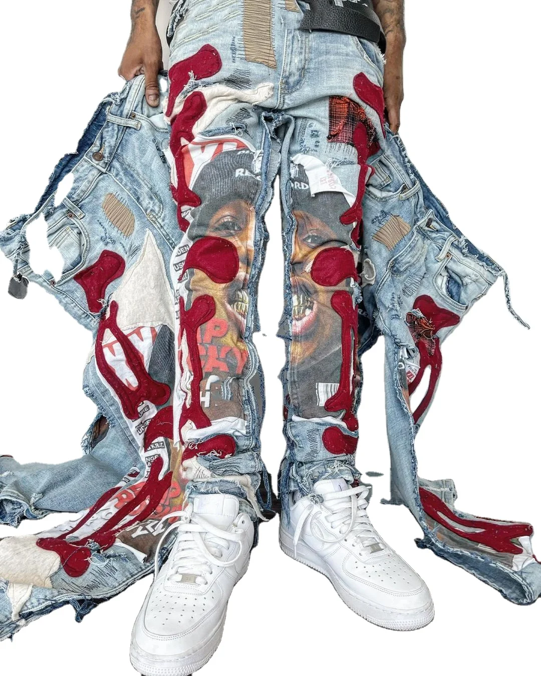 High Quality Hip Hop Cargo Pants Red Skull Bones Patches Embroidered Tapered Baggy Denim Jeans