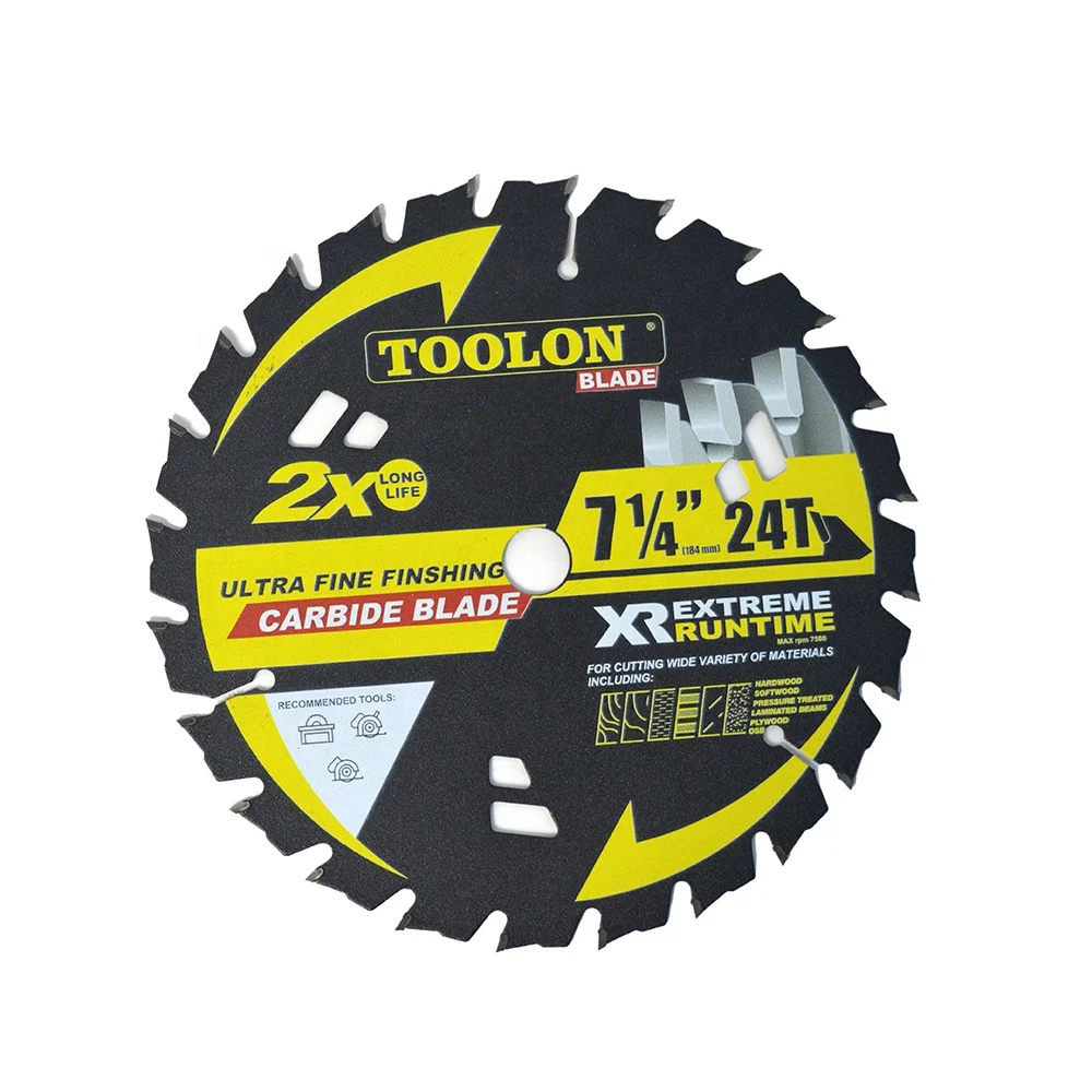 TOOLON High Quality 7-1/4 Inch TCT Circular Saw Blade 24 Teeth Tungsten Carbide Tipped Cutting Blade For Wood