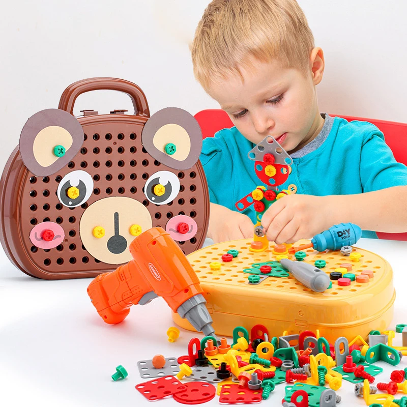 Kids Electric Driller Screw Toy Montessori Nut Assemble Disassembly Blocks Boys Simulation Repair Toolbox Set Educational Game