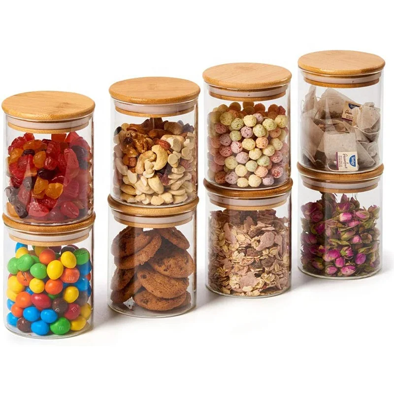 8 Pcs Glass Jars Airtight Canister Kitchen Food Storage Container Set with Natural Bamboo Lids for Candy, Cookie, Rice, Sugar