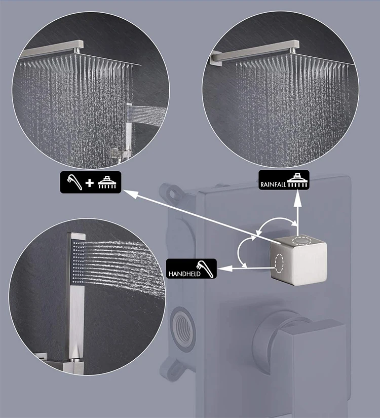 Rainfall Shower Head Rotate Waterfall Bath Spout Mixer Tap Brushed Nickel Concealed Shower Faucet Set