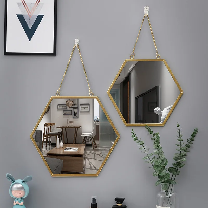 Nordic bathroom makeup wrought iron hexagon wall mounted mirror