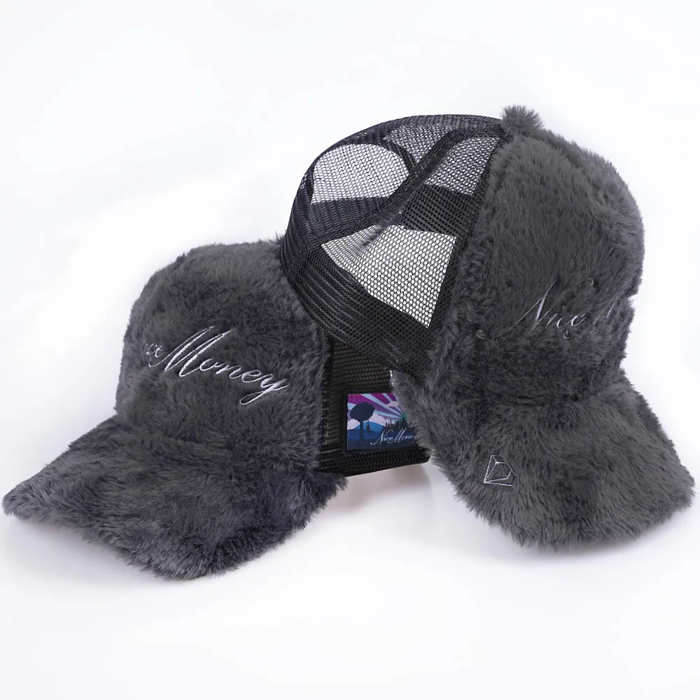 Custom Logo Faux Rabbit Fur Fuzzy 5 Panel Trucker Hat Furry Trucker Hat