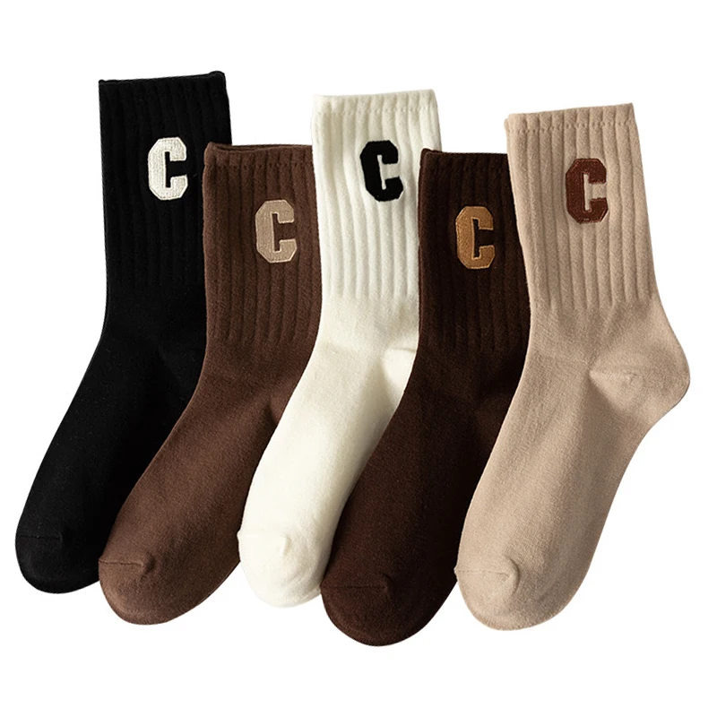 NO MOQ Customized Logo Letter Embroidery Big C Combed Cotton Socks Fashion Barrel Striped Socks Womens