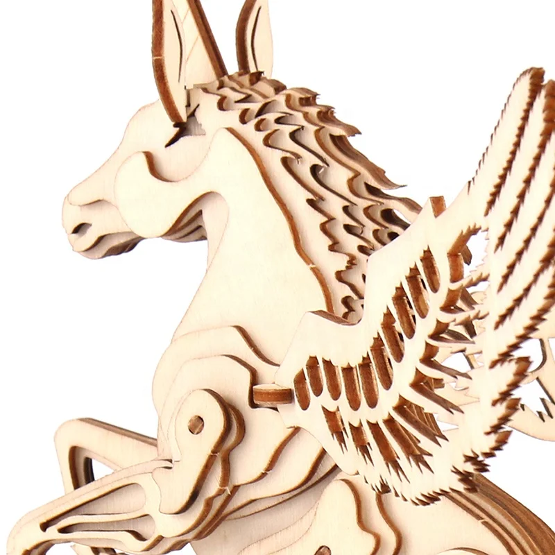Ready to ship wholesale  laser cutting children educational Toy  Eco-friendly 3d wooden animal puzzle unicorn flying horse