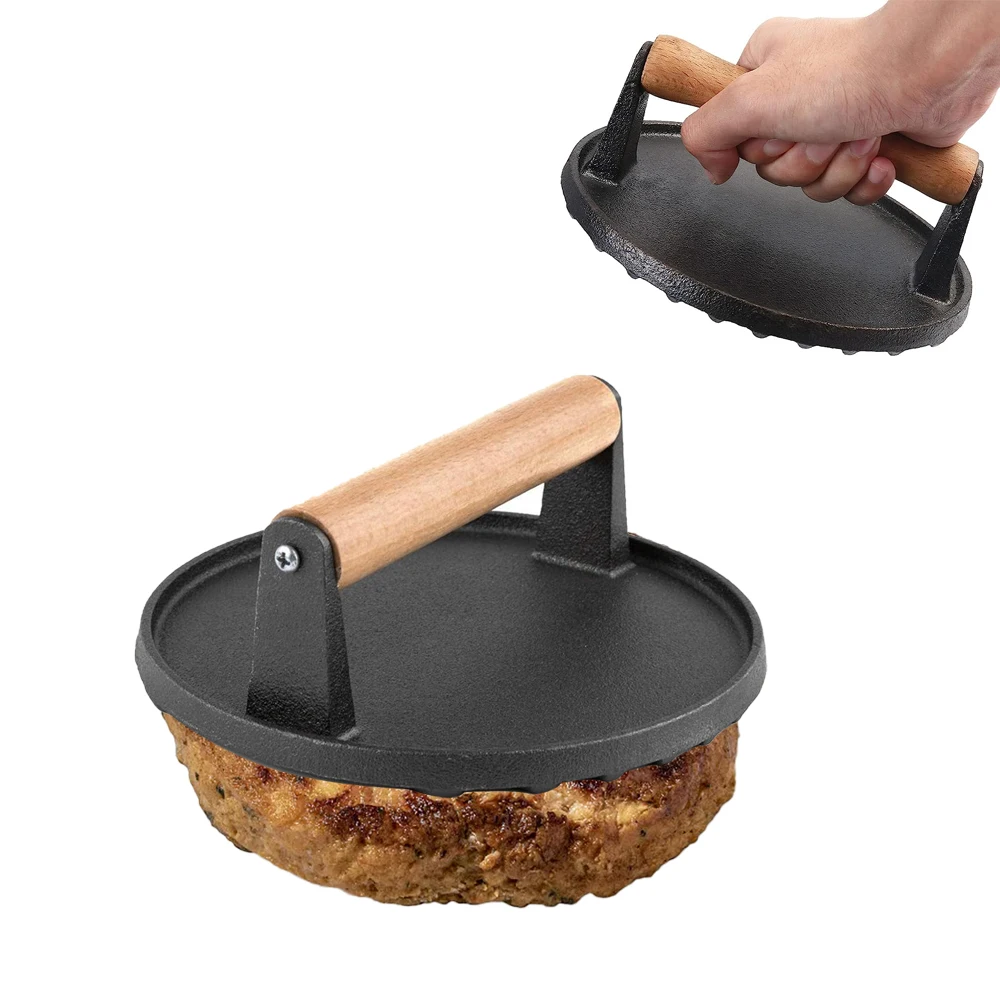 Bbq Meat Flattener Tool Round Square Grill Press Cast Iron Grill Meat Press Maker Smash Burger Press with Wooden Handle
