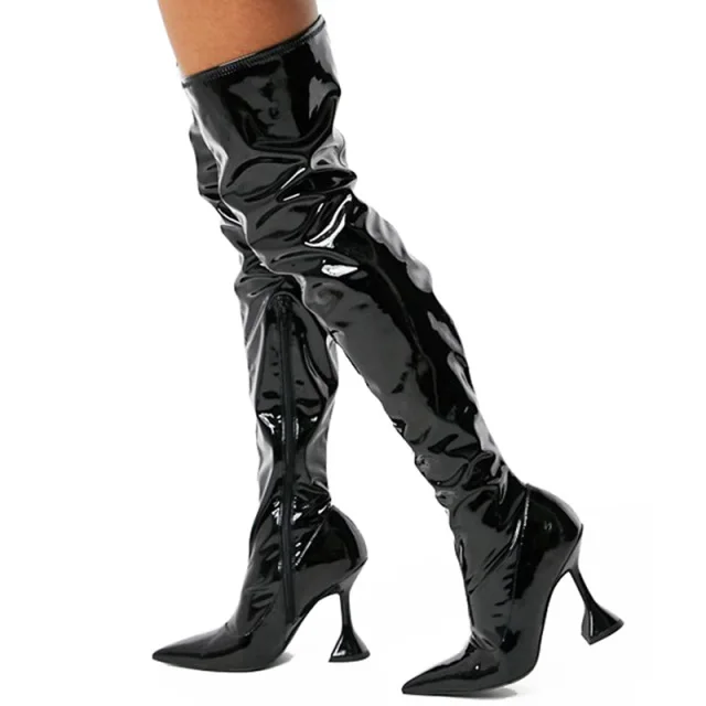 Large Size New Thigh Boots Black Patent Leather Pointed Toe Wineglass Heel Over The Knee Boots High-top Shiny Leather Stage Boot