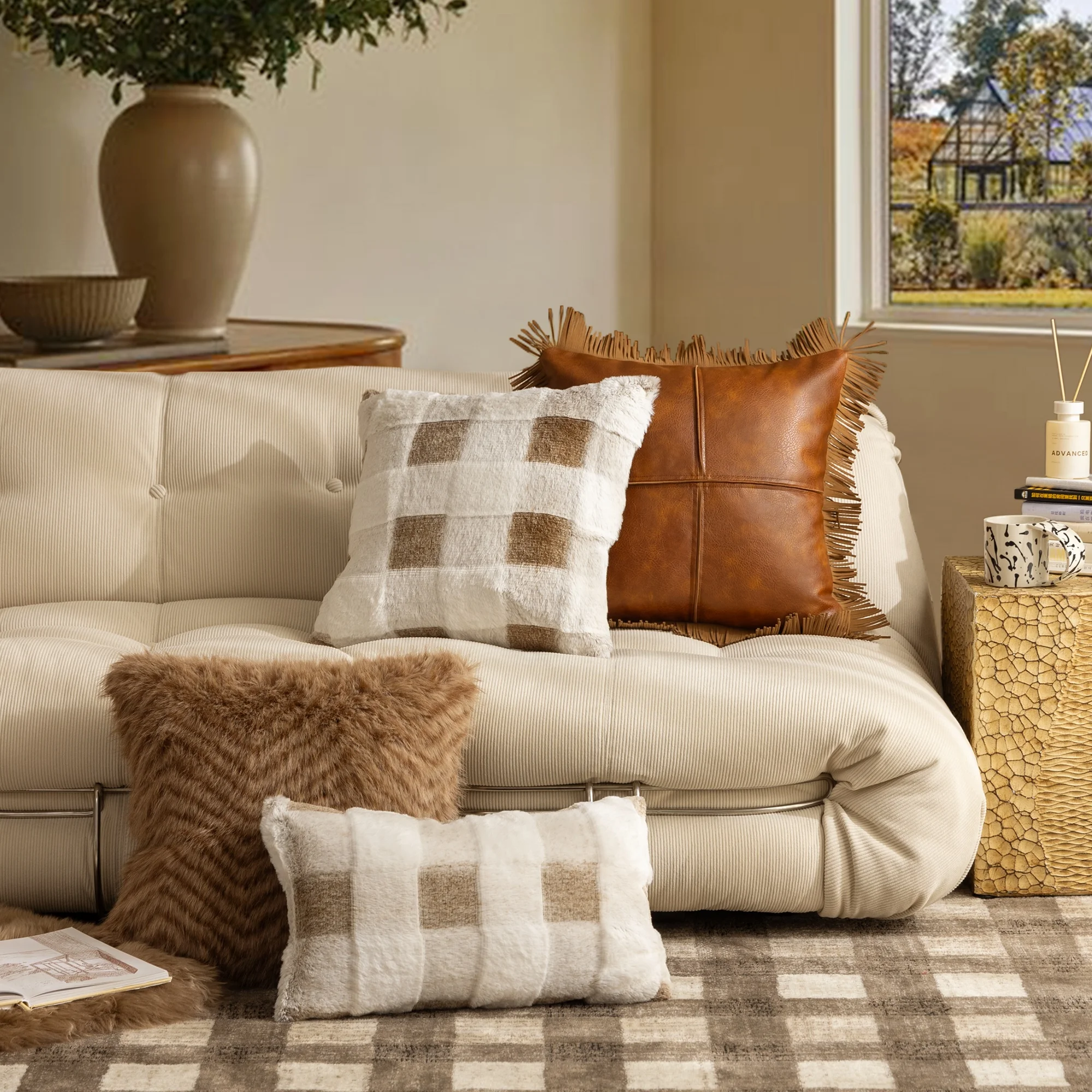 Original Design Home Decor Checker Pillow Covers Soft Fluffy Cushion Cover Autumn Winter Pillow Set For Sofa Living room