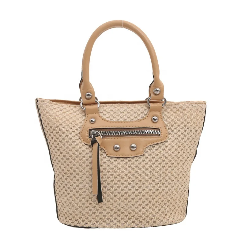 Durable Using Straw Basket Bag Woven Bag Women large capacity classic printing tote bag PU Leather Strap Raffia Handbag