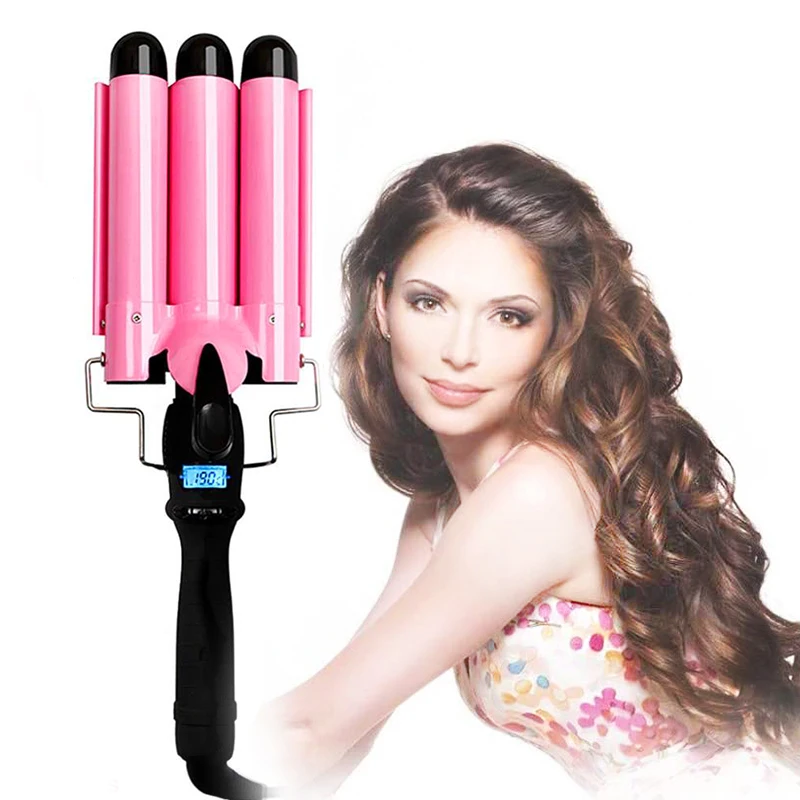 Home use private label three barrel ceramic Ionic big wave curler automatic LCD pink hair waver hair curler