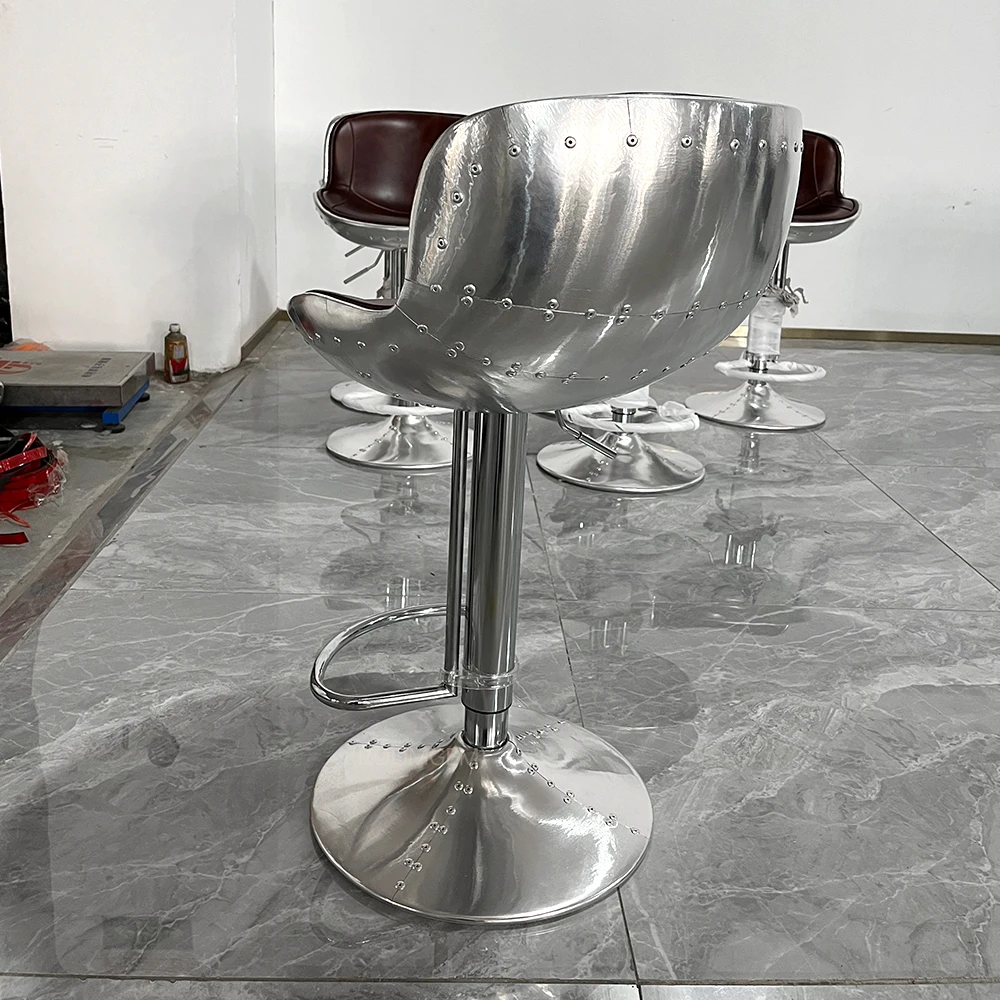 Genuine Leather Aviator Aluminum Barstools Back Leather Swivel Counter Height Chair Adjustable Vintage Bar Stools