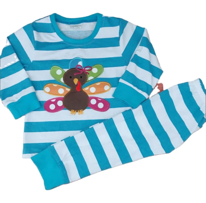 Hot Sale RTS No Moq Fall Thanksgiving Outfits Girls Boys Clothes Cute Turkey Embroidery Boutique Pajamas Clothing Sets