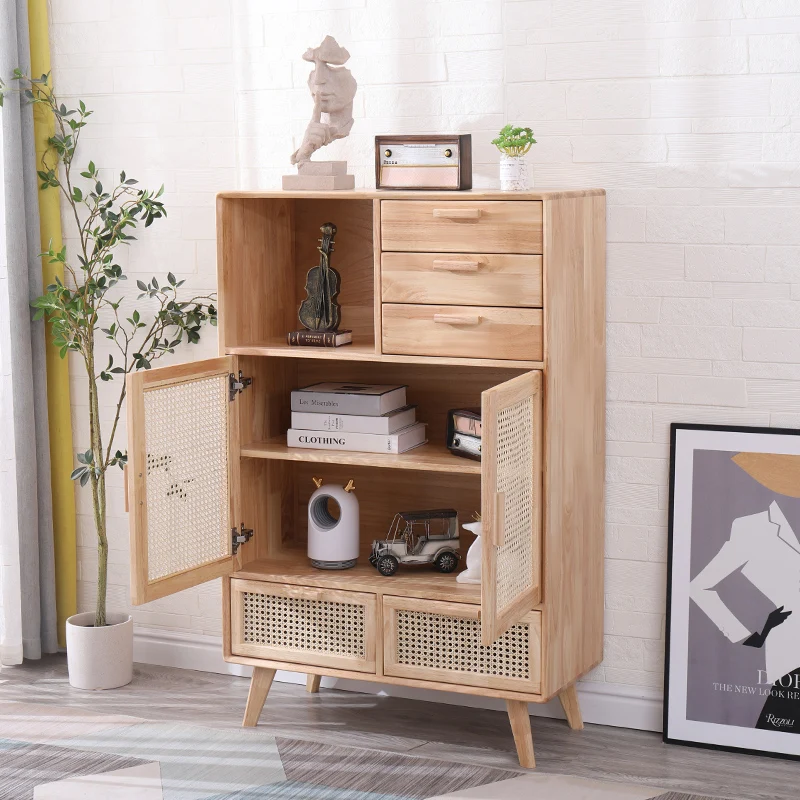 Bedroom Furniture Wooden 2 Door 4 Drawers Chest Living Room Rattan Wood Sideboard Storage Cabinet