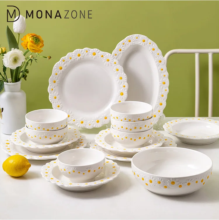 
MONAZONE Embossed Daisy Ceramic Tablewar Kitchen Creative Crockery Dinnerware set 